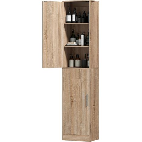 Meuble de Salle de Bain, Colonne Salle de Bain étroit avec 2 Portes et 4 étagères réglables, Meuble de Rangement pour Salon, Toilette, Petits espaces, 40 x 35 x 180 cm, Bois Naturel