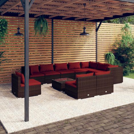 11-tlg. Garten-Lounge-Set mit Kissen Poly Rattan Braun (1/5)