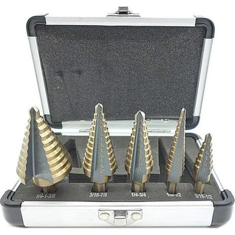 Juego de brocas escalonadas de 5 piezas con estuche profesional de aluminio, vástago hexagonal y placa autocentrante para una perforación precisa en acero y metal. (1/5)