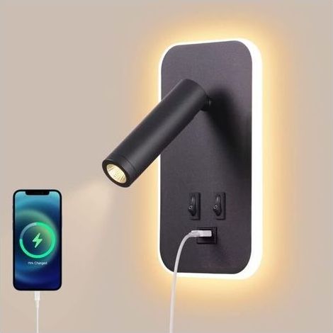 Applique murale LED, liseuse de chevet avec interrupteur, port de charge USB, éclairage d'ambiance de chambre à coucher Spot réglable (3W 3000K + lumière chaude 9 W) Noir [Classe énergétique F] (1/5)