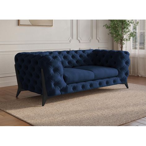 Deco In Paris – Canapé droit 2 places capitonné en velours bleu – Pieds en métal noir – Largeur 172 cm – Hauteur d'assise 48 cm (1/5)