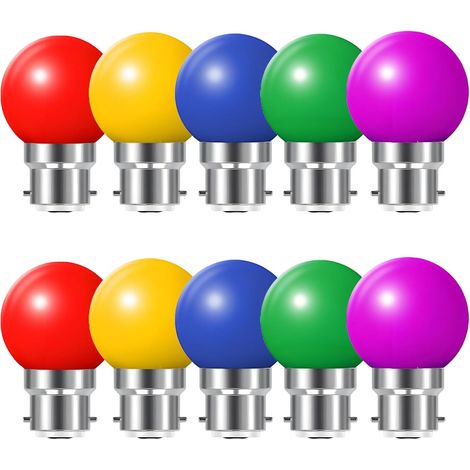 Ampoules LED Couleur B22 Baïonnette 2W, Équivalent 20W, G45 Ampoule Guirlande Exterieure,Multi Colore, Rouge Jaune Bleu Vert Violet,Pour Chaîne,Noël,Veilleuses De Fête, Lot de 10 (1/5)