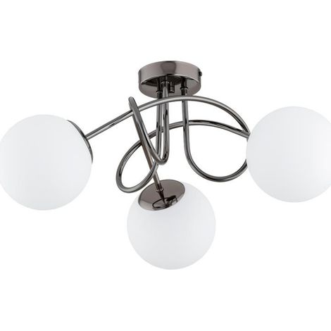 Alfa BANKO Classic Ceiling Light Fixture, Dark Chrome Metal, 3 White Globe Glass Shades, 3xE14 Max 10W, IP20, 50cm Wide, for Bedroom & Dining Room