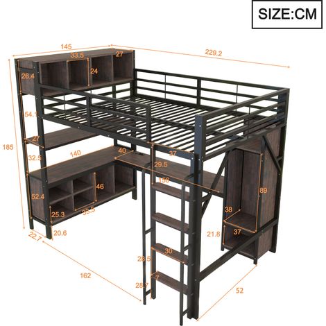 Lit mezzanine avec bureau 140x200 cm, armoire, étagères, éclairage LED, prises norme européenne, garde-corps renforcé, noir. (1/5)