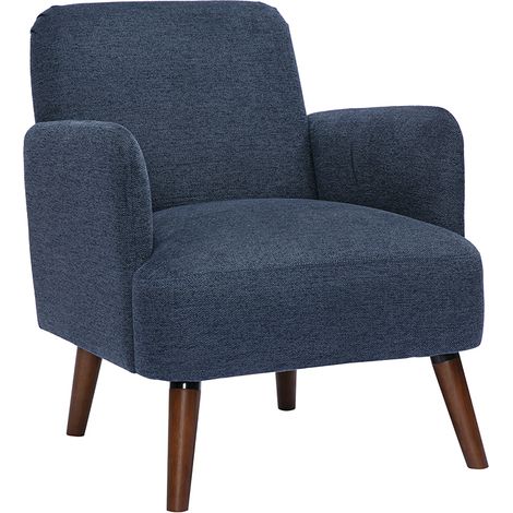 Poltrona scandinava in tessuto effetto velluto testurizzato blu scuro e legno scuro ISKO