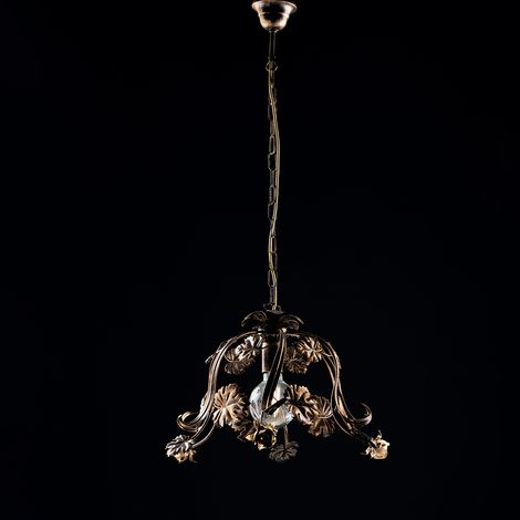Sospensione Arte Povera 1 Luce Con Foglie In Ferro Marrone E Oro Serie Iris