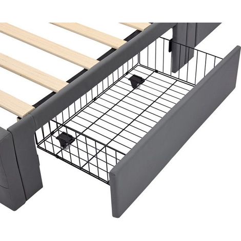 Lit simple 90x190 cm en pu avec USB et éclairage LED,lit coffre avec 4 tiroirs et sommier à lattes pour enfant/adulte,gris (1/5)