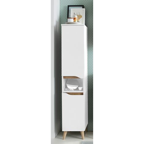Bad Midischrank mit Füßen in Holzoptik, QUEIMADOS-66, in weiß Glanz mit weiß Hochglanz, B/H/T ca. 30/153/33 cm (1/4)