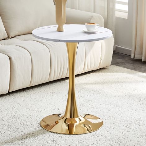 Tavolino da caffè 60x60x72 cm, tavolo rotondo, con piano in MDF, struttura in metallo, bianco e oro, per angoli casa e soggiorno (1/5)
