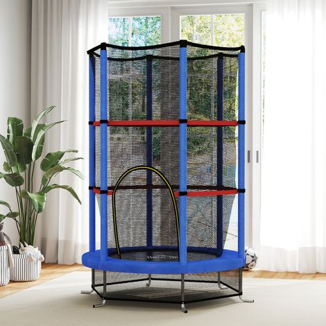 Cama elástica para niños de 3 a 6 años con red de seguridad, 6 columnas y entradas, PE, plástico y metal, Ø140x190 cm, azul y negro. (1/5)