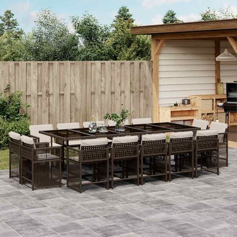 Ensemble repas de jardin 1 table et 14 chaises en résine tressée marron avec coussins - PANGIVO (1/5)