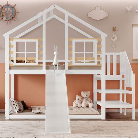 Lit superposé enfant - SOGEU - cabane90x200 - 90 x 200 cm - Bois massif & MDF - Blanc, escaliers et toboggan, barrières sécurité (1/5)