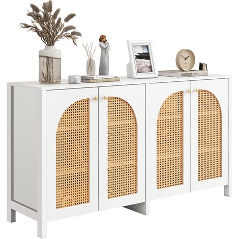 Sideboard mit 4 Tueren in Kunst Rattan, Verstellbaren Einlegeboeden, Metallgriffen, fuer Wohn und Esszimmer, Weiss (1/5)