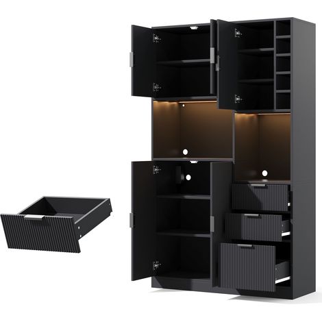 Buffet de cuisine moderne haut, meuble de rangement et à vin avec étagères réglables, 3 tiroirs, casier à vin, éclairage LED à changement de couleur et prises, 180 × 105 × 40 cm. (1/5)