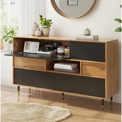 Aparador (140x40x84.5 cm), 2 cajones, balda abierta, puertas abatibles y laterales, MDF y tablero de partículas natural y negro (1/5)