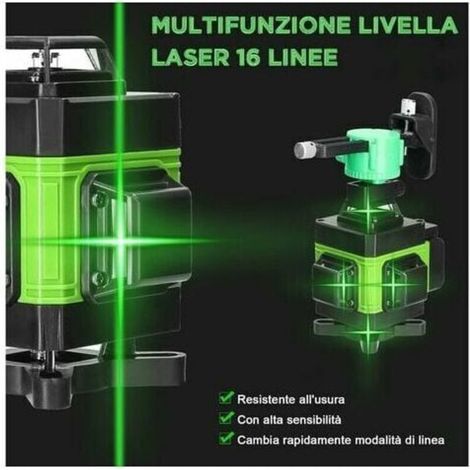 Nivelletto laser 4D, 16 linee orizzontali e verticali, batterie ricaricabili, prolunga in lega 1,2 m, regolabile 3 altezze, per treppiede - Verde (1/3)