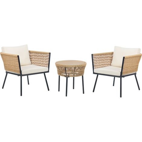Conjunto de balcón de ratán beige claro natural sintético cojines mesa Gargano