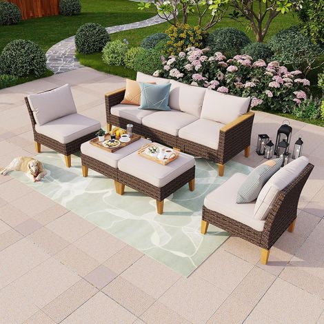 PHIVILLA Rattan Garden Furniture Set for 5-7 persons Patio Outdoor Garden Sofa Set Wicker Armchair Stool Ottoman with Weatherproof Seat Cushion Easy Assembly Weather Resistant (1/5)