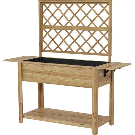 Jardinière rectangulaire sur pieds avec treillis, 2 tablettes latérales, 1 étagère inférieure, bois
