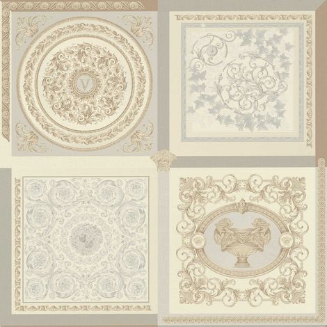 Papier peint baroque beige et gris Tapisserie effet carreaux en mosaïque Papier peint luxe ornements idéal pour chambre (1/2)