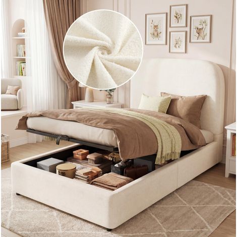 Lit enfant en tissu bouclé beige 90x200 cm avec rangement hydraulique et sommier à lattes inclus (1/5)