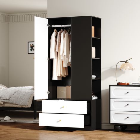Armoire avec miroir et une porte. Armoire moderne avec 2 tiroirs et 4 étagères, idéale pour un rangement polyvalent dans la chambre. Blanche et noire, dimensions : 80 x 40 x 180 cm (1/5)
