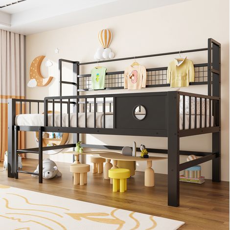 Bett Schlafbett 90x200 Stauraum Metall Schwarz Kinder OKMYHOME (1/5)
