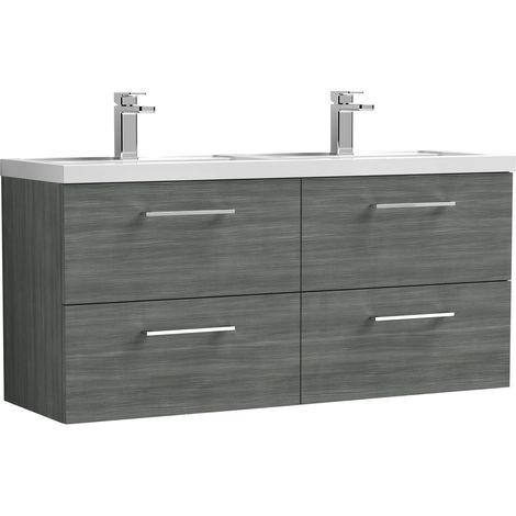 Balterley Bramshall 1200mm Wall Hung 4 Drawer Vanity Unit, Double Polymarble Basin for Modern Bathroom Storage - Anthracite Woodgrain