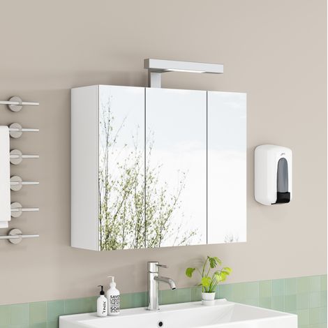 REDOM armario de baño con espejo 66x24x58 cm, 3 puertas, LED, enchufe francés, estantes de vidrio ajustables, MDF blanco (1/5)