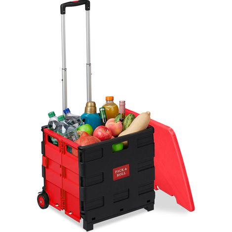 Relaxdays Shopping Trolley, Foldable, Up to 35 kg, 50 L, with Telescopic Handle & Lid, Shopping Transport, Red/Black