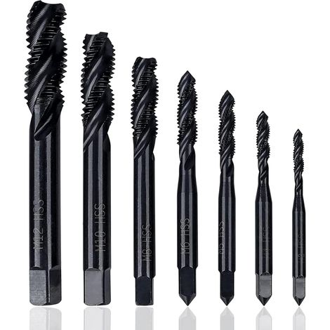 7 Stück Gewindebohrer Set, HSS 6542 Nitrieren Metrisch Spiralnutbohrer, Maschinengewindebohrer Gewindebohrer Satz M3 M4 M5 M6 M8 M10 M12 für Metall Holz Bohrer (1/5)