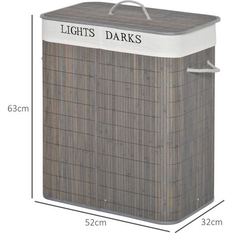 Panier à linge 100L bambou, 2 bacs séparés, couvercle rabattable avec anse, sac intérieur amovible lavable gris. (1/5)