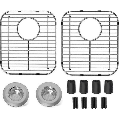 Lot de 2 grilles d'évier en acier inoxydable, protections d'évier 33,5 x 29,5 x 3 cm avec trou d'évacuation arrière, égouttoir (1/5)