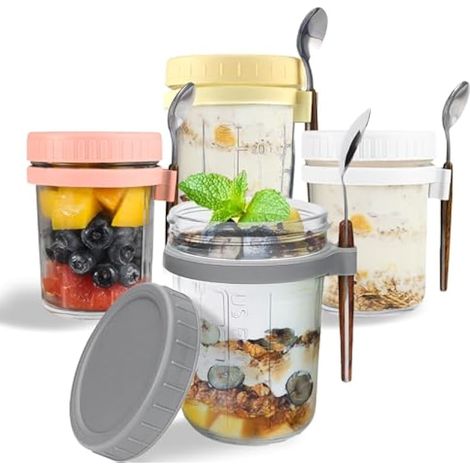 Lot de 4 Bocaux à Yaourt Overnight Oats, Pot Yaourt Verre avec Couvercle et Cuillère, Gobelet Yaourt Muesli Gobelet avec Marques de Mesure pour Salades Céréales Fruits (350ml) (1/5)