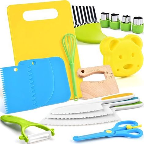 Couteaux sûrs pour enfants - avec planche à découper et emporte-pièces - pour légumes - Ensemble de couteaux de cuisine pour enfants 17 pièces (1/5)