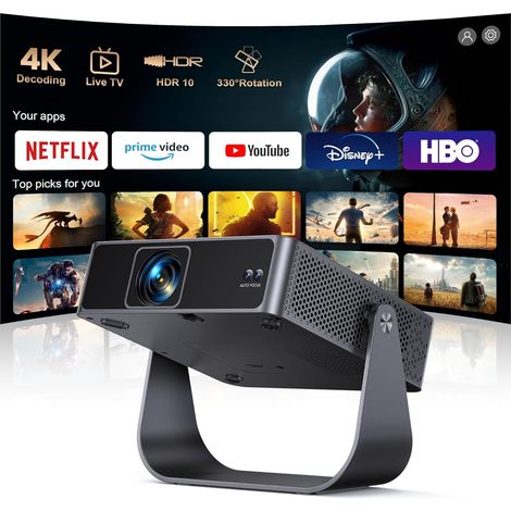 Mini Vidéoprojecteur 4K Apps Officielles Live TV Rotation 330° Auto Focus Keystone Projecteur Vidéo Portable 4K Courte Focale, HDR10, Mini Rétroprojecteur 1080P WiFi6 Bluetooth Home Cinéma Extérieur (1/5)