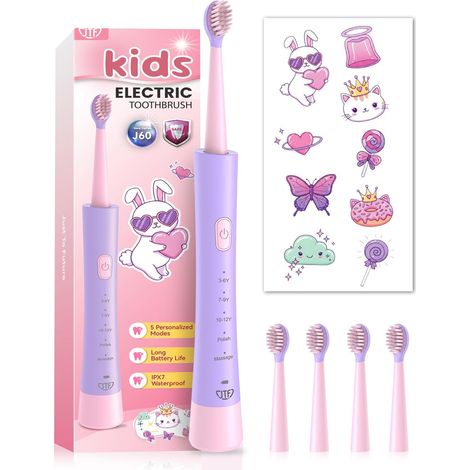 JTF Elektrische Zahnbürste Kinder ab 3 Jahre Schallzahnbürste mit 5 Putzmodi, 4 Bürstenköpfe, Intelligentem Timer, IPX7 Wasserdicht & DIY-Aufkleber Kinderzahnbürste für Mädchen (1/5)