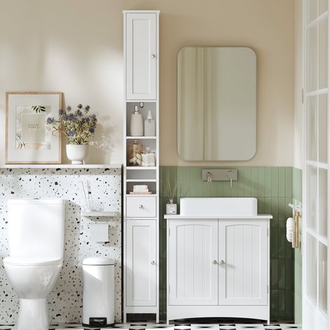 Armoire de Salle de Bain, Colonne Étroite avec Tiroir et Étagères Réglables, Blanc (1/5)