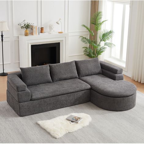 Divano angolare a L a 3 posti con chaise longue, in tessuto ciniglia, con braccioli a più livelli, per soggiorno e appartamento, grigio antracite (1/5)