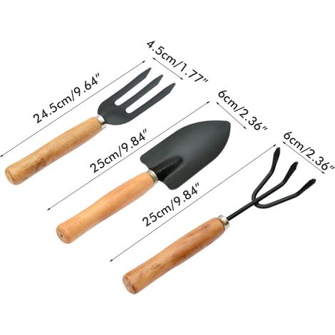 3-teiliges Mini-Gartenwerkzeug-Set mit Holzgriff, bestehend aus Schaufel, Rechen und Gabel für Zimmerpflanzen und Topfpflanzen (1/5)