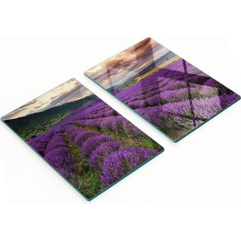 Juego de dos tablas de cocina decorativas de cristal con diseño de campo de lavanda, 2x40x52 cm. (1/5)