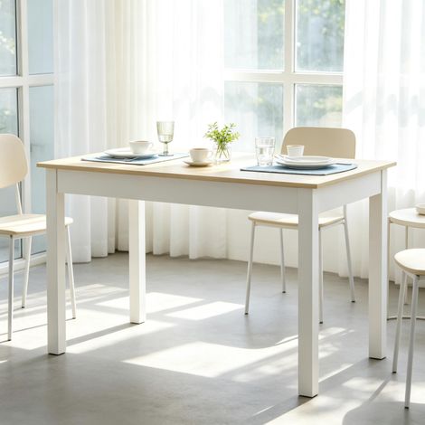 Mesa de comedor 119/70/75 cm en roble y blanco, diseño sencillo y estructura estable (1/5)