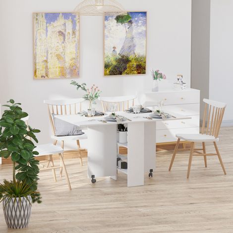 Table pliante à manger rabattable pour 6 personnes. 2 étagères ouvertes et de frein - couleur blanche - 140x75x74 cm pour salon et bureau.
