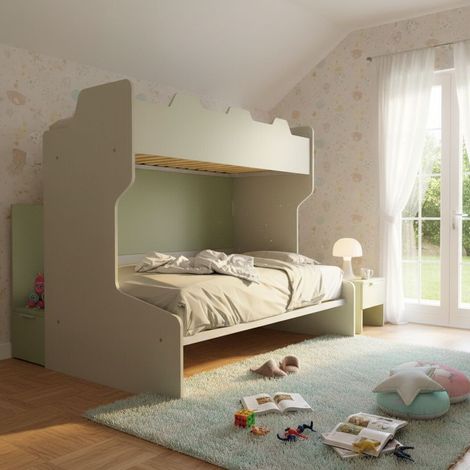 Letto a castello salvaspazio con scala contenitore - 1 Piazza e mezza + singolo - Ecru e Salvia