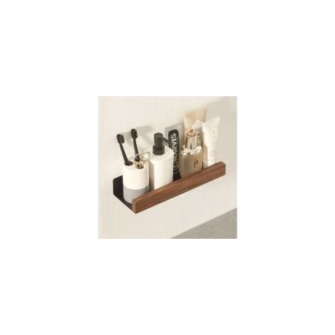 Étagère murale flottante en métal noir pour salle de bain, étagère murale décorative avec bords en bois massif, gain de place, antirouille extra forte (30 cm)
