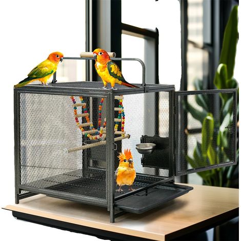 Jaula portátil para pájaros, incluye juguetes coloridos, bandeja extraíble y está fabricada en metal resistente. (1/5)