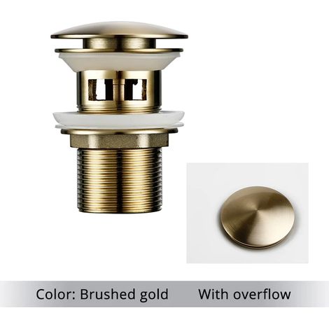 (Brushed gold-1) Bathroom Bath Pop Up Drain Stopper Rose Gold Polished Anti-Corrosion Durable With OverFlow Hole Basin Sewer Plug (1/4)