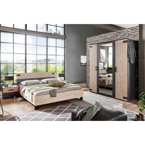 Pegane – Chambre complète adulte chêne – Lit 160x200cm, 2 chevets avec tiroirs, armoire 180x210cm – Panneaux de particules mélaminés (1/2)