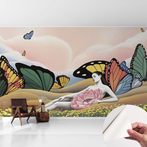 Papier peint autocollant décoratif à motifs pour salon chambre et bureau Tapete adhésif pour décoration Prairie aux papillons 416x254 cm (1/5)