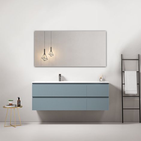 Mobile bagno sospeso cannettato 140 cm Blu Avio Lavabo a Sinistra in Resina Specchio Quadro - Fiji Paint (1/4)